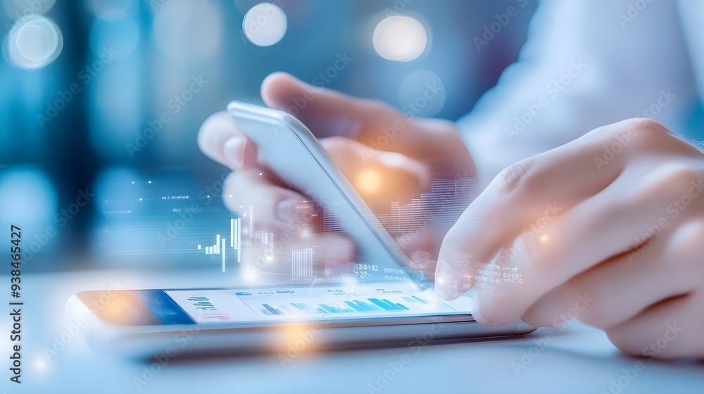 Poster businessman analyzing data on smartphone with hologram