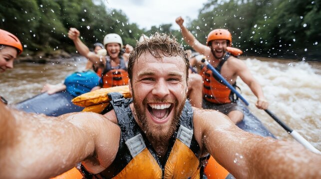 Group of friends in colorful helmets and life jackets, smiling and cheering while taking a selfie during an exciting rafting adventure on a lively river.