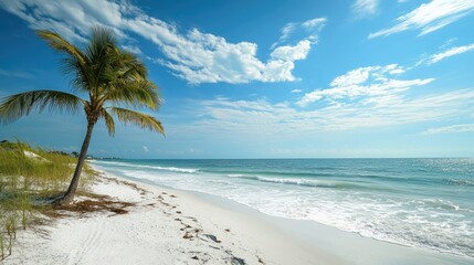 Classic Florida beach scene with white sand, gentle waves, and palm trees swaying in the breeze under a bright blue sky, ideal for a tropical vibe