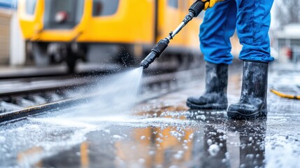 A worker wearing blue gloves power washes train tracks under rainy conditions, emphasizing the importance of urban cleanliness and maintenance in public transportation settings.