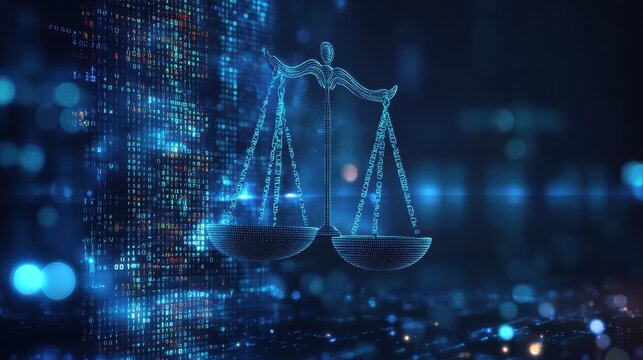 Justice icon on tech background showcasing data-centric law