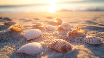 Close-up of seashells scattered across a sunlit beach, with soft, textured sand in the background, perfect for a peaceful, natural backdrop