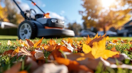 A lawn mower rests on a well-manicured lawn covered with colorful autumn leaves, showing a contrast between the machinery and the natural beauty of the season.