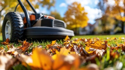 A close-up view of a lawn mower on a green lawn covered with autumn leaves, capturing the intricate details of the mower and the vibrant, colorful setting of the garden.