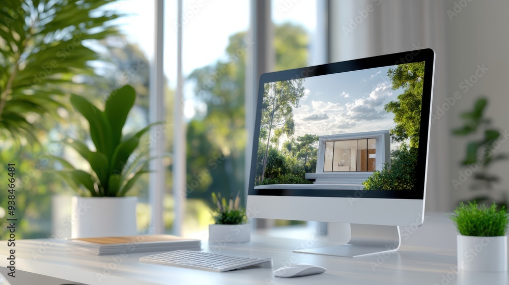 Aufkleber a contemporary workspace with a sleek computer placed on a desk surrounded by greenery and large win