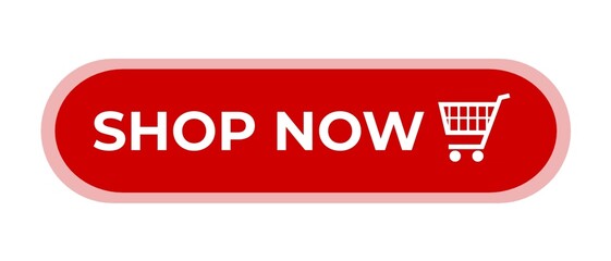 Shop Now. Buy now button with shopping cart. Modern button for web site. Online shopping. Red button isolated  on white background. 
