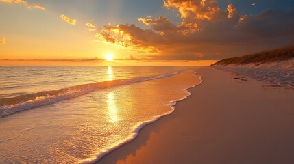 Fototapeta premium Sunset over a Florida beach with warm, golden light reflecting on the water and sand, creating a peaceful, serene atmosphere