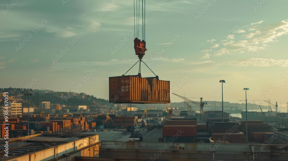 Aufkleber a large shipping container is lifted by a crane at a busy port with a cityscape in the background.