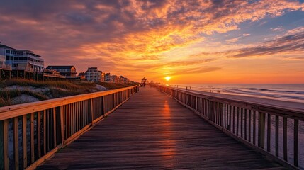 Obraz premium Myrtle Beach boardwalk at sunrise, with the sun casting a warm glow over the ocean and beach, creating a serene, inviting atmosphere