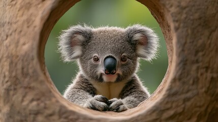 Fototapeta premium A cute koala peeks out of a hole in a tree trunk.