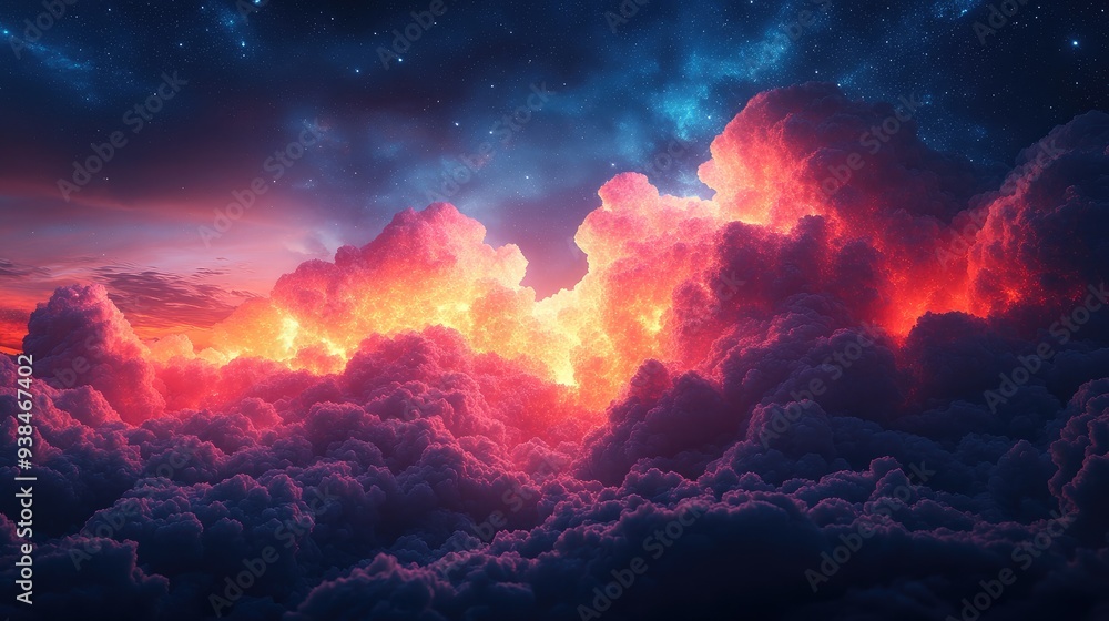 Poster d render, neon magical cloud illuminated with colorful neon light. fantasy sky design element.