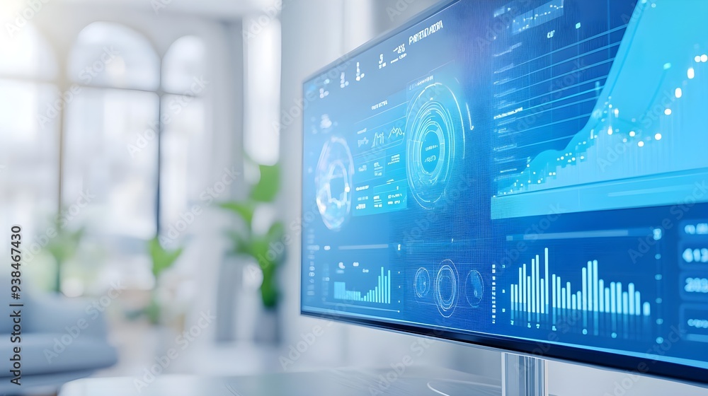 Poster modern office computer screen with blue data visualization