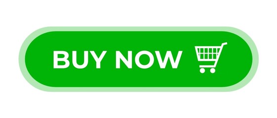 Buy Now. Buy now button with shopping cart. Modern button for web site. Online shopping. Green button isolated  on white background. 