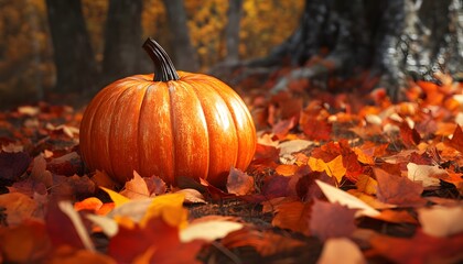 Bright orange pumpkin resting on a bed of colorful autumn leaves in an early fall forest setting.