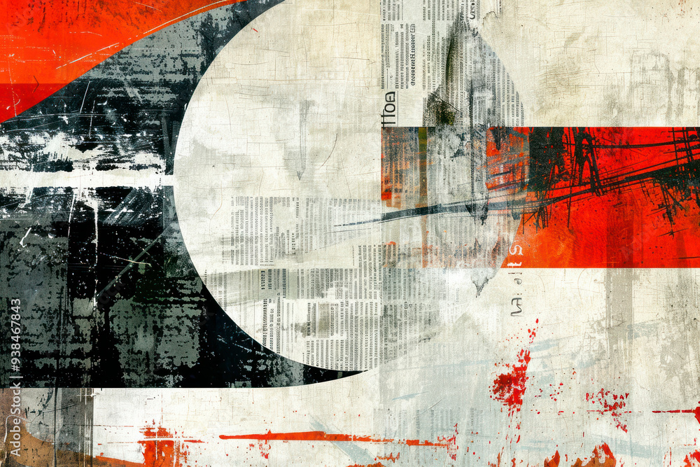 Fototapete Abstract art print featuring bold typography and graphic elements on textured newspaper paper texture.