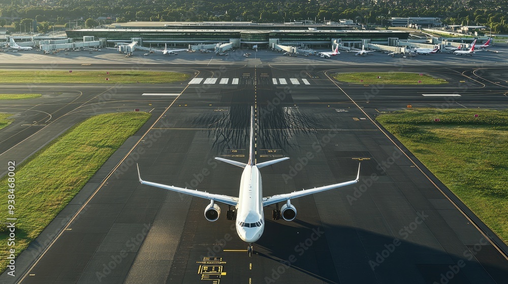Poster airplanes taxiing on the runway with the airport terminal in the background, offering a dynamic view