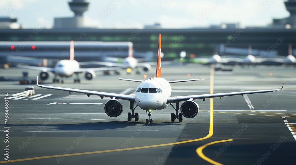 Poster airplanes taxiing on the runway with the airport terminal in the background, offering a dynamic view