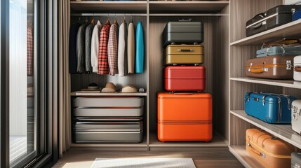 Luggage storage in a modern home, with sleek, stylish suitcases stored in a designated closet area, ideal for home organization themes
