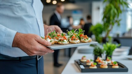 A person in formal attire serves carefully arranged appetizers at a professional event, capturing the elegance and attention to detail in the catering service provided for the occasion.