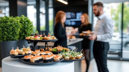People interact and enjoy various appetizers at a well-organized and sophisticated social event, creating a warm and engaging atmosphere with a focus on gourmet food selections.