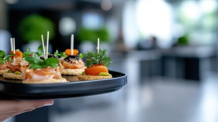 A close-up of a plate of assorted appetizers, held by a server in a sophisticated indoor setting, focusing on the detailed and delicious presentation of the food items.