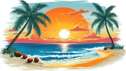 Clipart of a tropical beach scene with palm trees, coconuts, and the sun setting over the ocean, ideal for creating a relaxed, island vibe