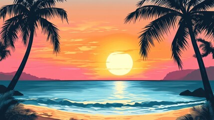 Clipart of a tropical beach scene with palm trees, coconuts, and the sun setting over the ocean, ideal for creating a relaxed, island vibe