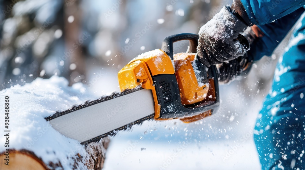 Poster an individual operates a chainsaw to slice through a snow-laden log in a winter forest scene, emphas