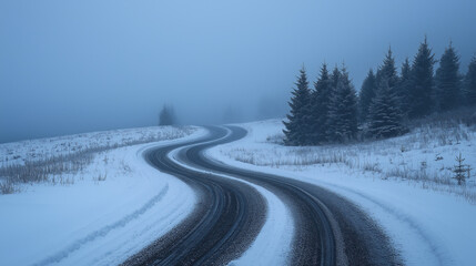 Winding Road Through Winter Wonderland: A scenic, snow-covered road weaves through a misty forest, inviting adventure and contemplation. The ethereal beauty of the winter landscape evokes a sense of p