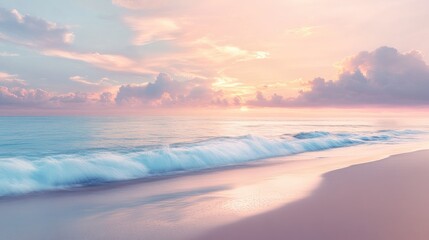 Florida beach at sunrise with pastel colors lighting up the sky, calm waves, and soft sand, capturing the beauty of the morning