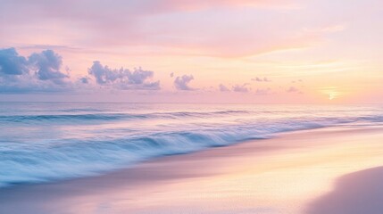 Florida beach at sunrise with pastel colors lighting up the sky, calm waves, and soft sand, capturing the beauty of the morning