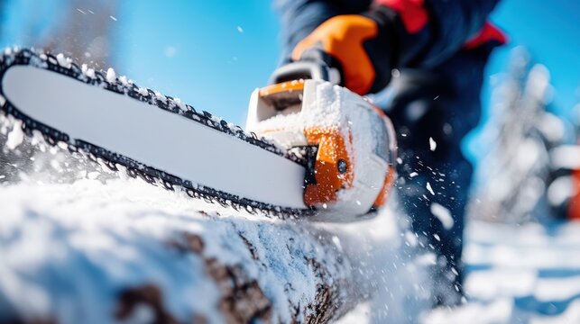 A person handles a chainsaw to cut through a snow-covered log in cold winter woods, drawing attention to the efficiency and control offered by modern chainsaws in tough environments.