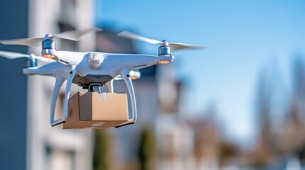 A drone is actively transporting a package while flying through an urban setting, depicting the seamless integration of technology into everyday urban life and logistics.