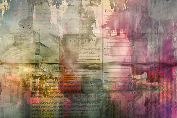Surreal digital artwork with fragmented text and abstract patterns on textured newspaper paper texture.