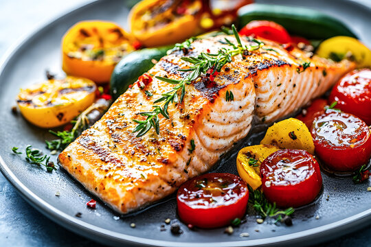 Tranche de saumon grillé avec petits légumes sur une assiette