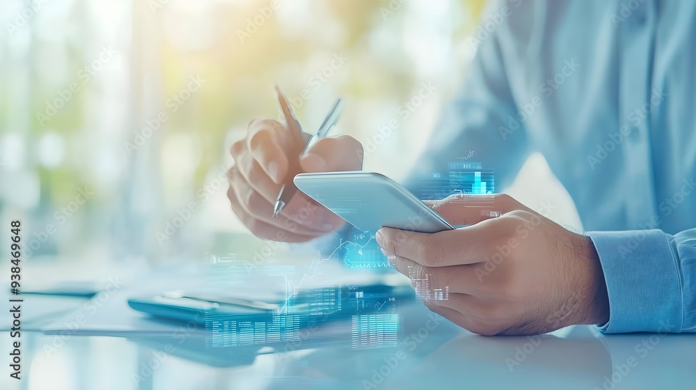 Poster businessman analyzing data on smartphone with charts