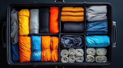 Neatly packed suitcase with rolled-up clothes and travel accessories, demonstrating efficient packing techniques, ideal for travel guides