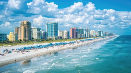 Naklejka premium Myrtle Beach skyline with hotels lining the coast, the ocean in the background, and the beach filled with activity, perfect for vacation marketing