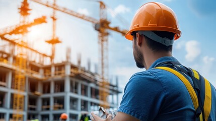 A construction worker, with safety gear including a hard hat, is surveying a large building site under construction, ensuring the project progresses as planned.