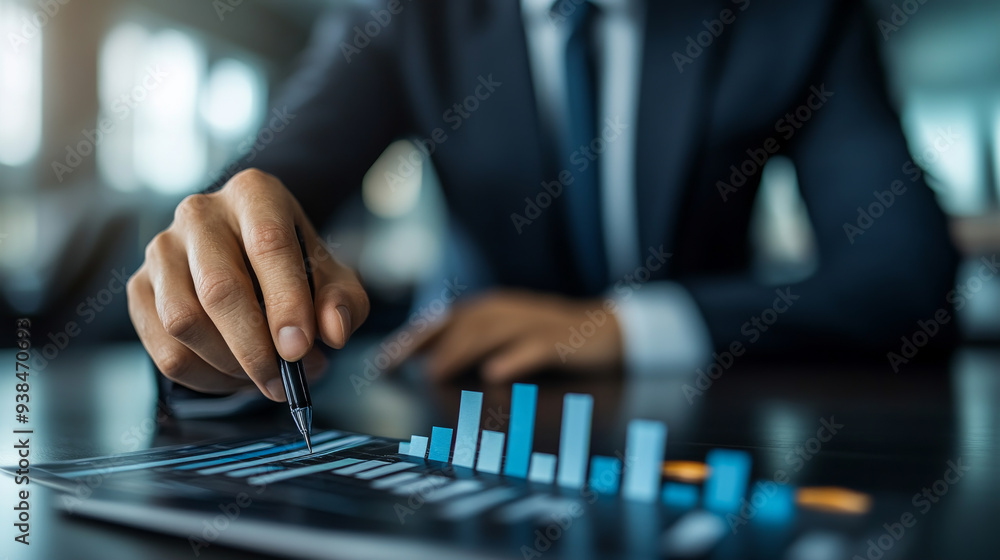 Poster a man in a suit is drawing a graph on a table with a pen
