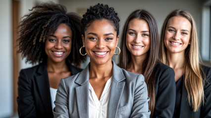 Diverse group of businesswomen posing for a photo in an office setting, multicultural female professionals, office diversity and inclusion, women in business
