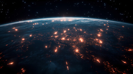 An illustration of  Earth viewed from space glowing cities