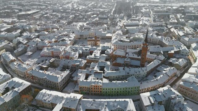 Aerial view of the Tarnow market square at snowy day in Poland