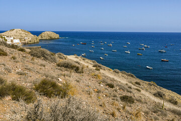 Coast of Cabo de Gata in the area of Isleta del Moro, a fishing town located near Los Escullos, Almeria Province, Andalusia, Spain