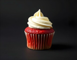 a red cupcake with cream cheese frosting, isolated on a smooth black surface create with ai