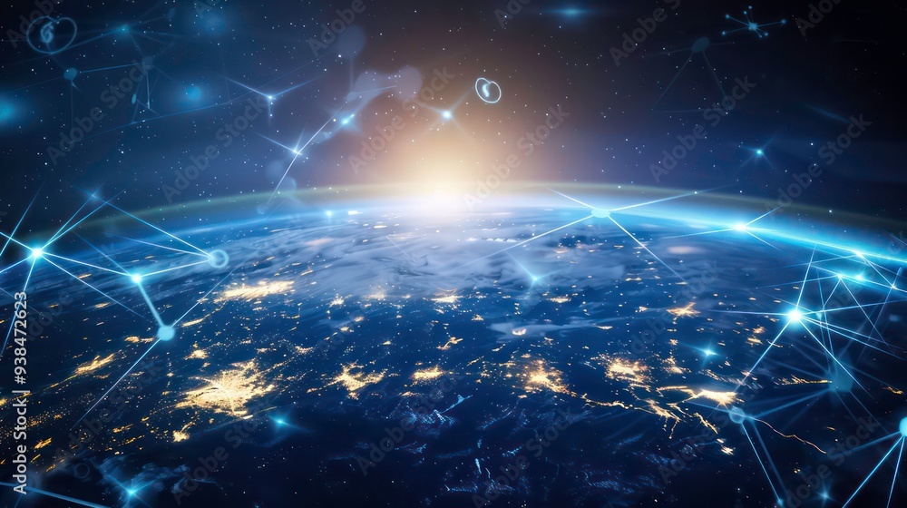 Poster earth with glowing lines connecting the continents, representing global communication and interconne