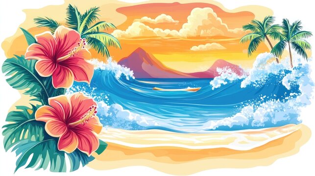 Tropical beach clipart with hibiscus flowers, a surfboard, and gentle waves, offering a bright, vibrant design for summer events