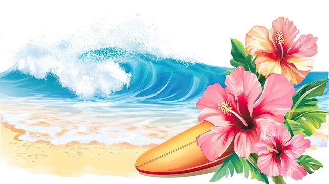 Tropical beach clipart with hibiscus flowers, a surfboard, and gentle waves, offering a bright, vibrant design for summer events