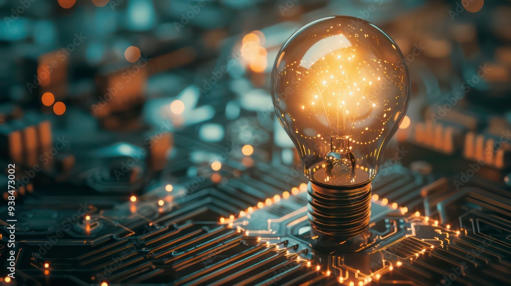Poster a glowing light bulb sits on a circuit board, representing a new idea or innovation.