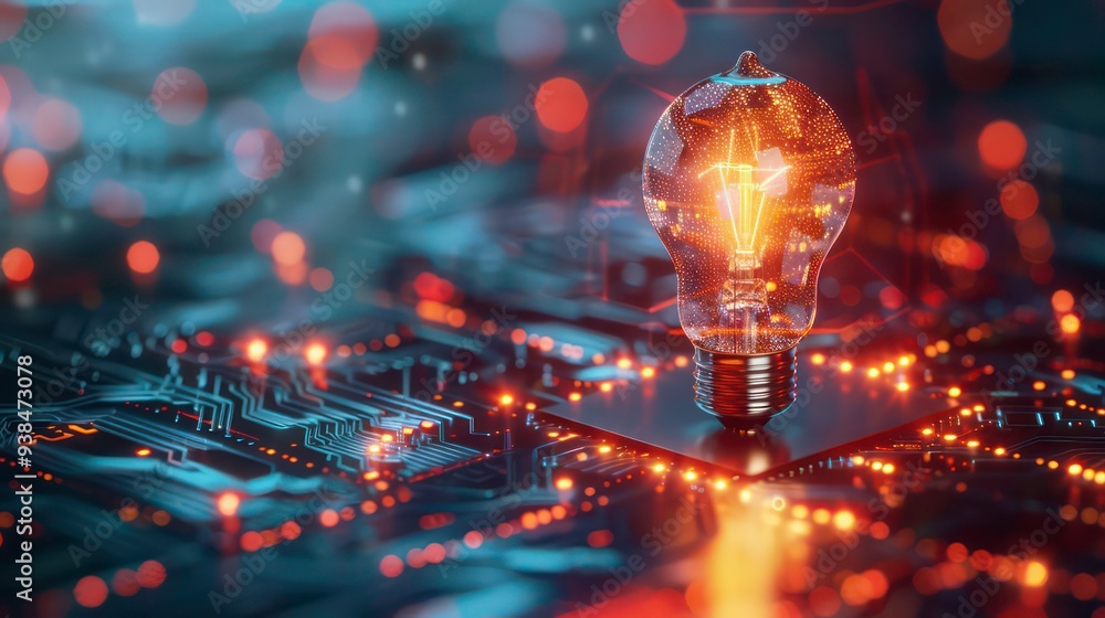 Aufkleber glowing light bulb with a blurry background of circuit board and bokeh lights.